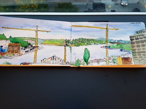 Clearer pic of #lakeunion #panoramicview #uskseattle #urbansketchers #landscape #watercolors