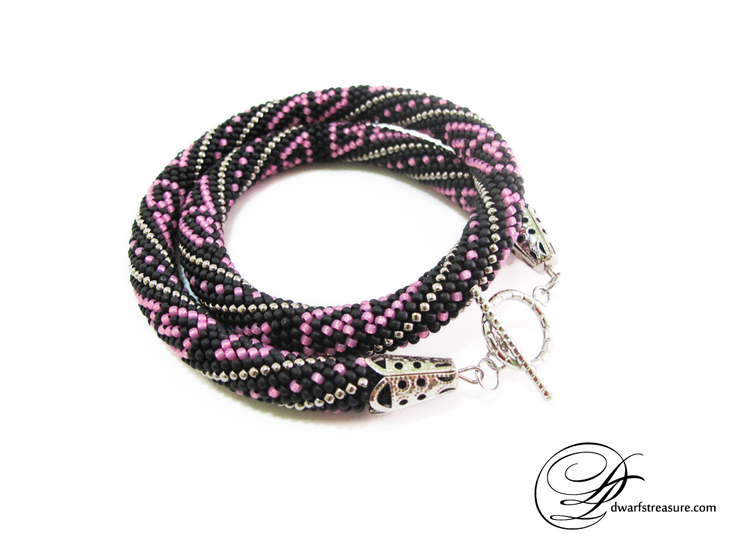 amazing black beaded crochet necklace with pink and silver pattern