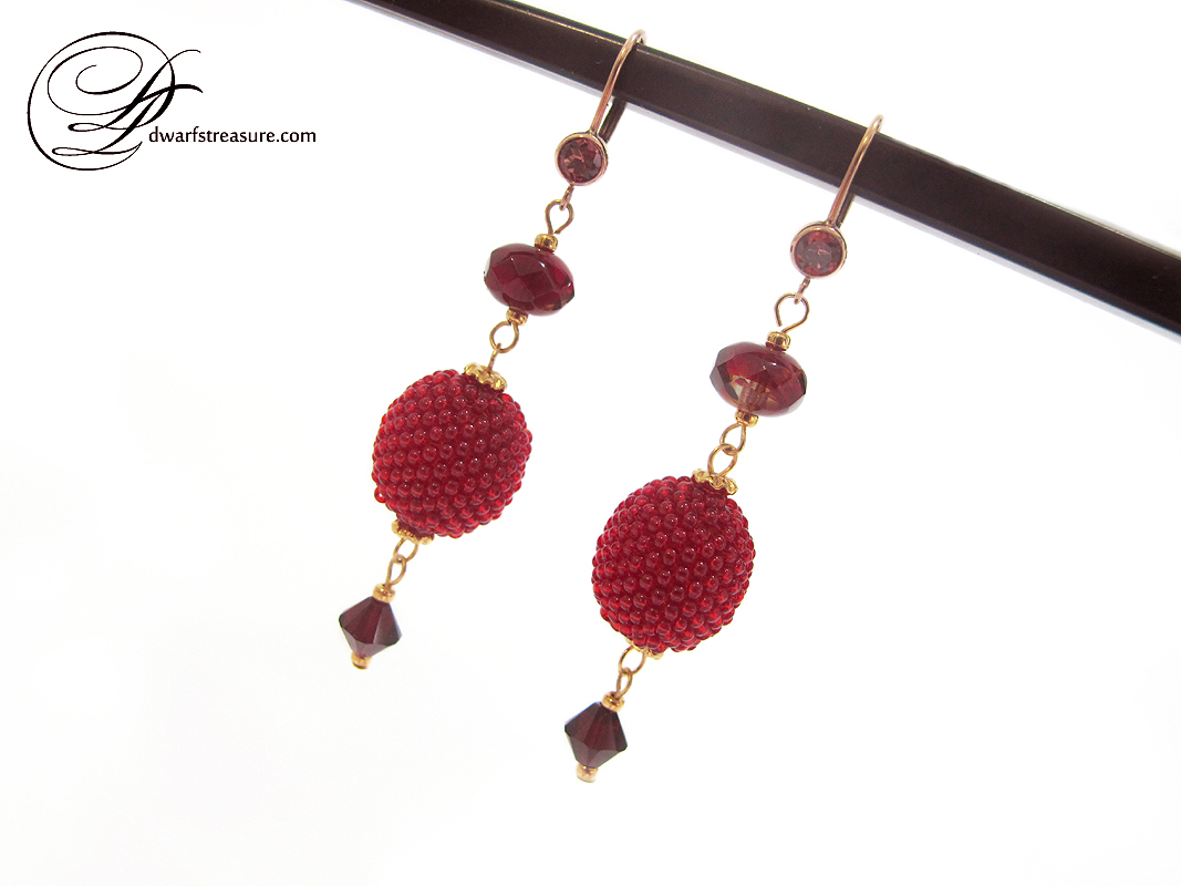 Custom made ruby red beaded bead long earrings