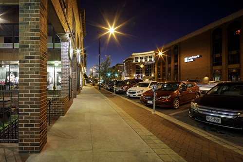 Columbia Missouri, United States, US, http://www.notleyhawkins.com/, Notley Hawkins Photography, Broadway, Downtown Columbia, 2017, October, Architecture, evening, dusk, The Blue Hour, Landmark Bank, sidewalk, parking, road, building, car, sky, night, nocturne class=