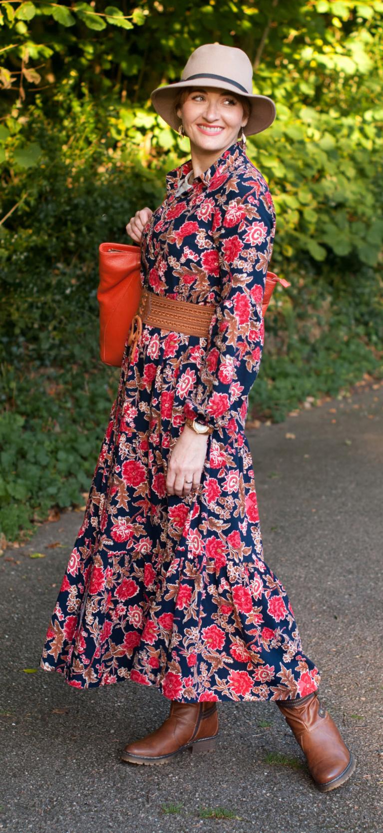 Romantic, Ralph Lauren-inspired 70s style autumn/fall outfit: Floral maxi dress tan belt and boots camel fedora orange leather tote bag | Not Dressed As Lamb, over 40 style