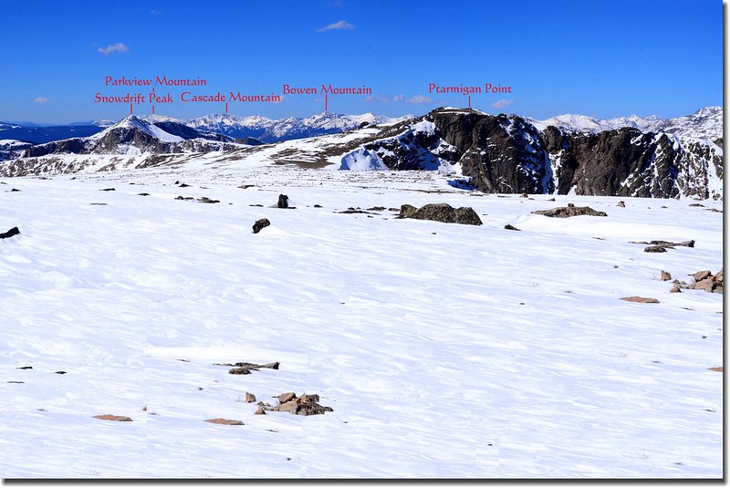 Looking West onto Snowdrift Peak, Ptarmigan Point et al. from Flattop Mountain summit 3-1