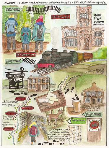 Illustrated map of a slow travel journey into Bronte country, Haworth, West Yorkshire. Artist Angela Hennessy