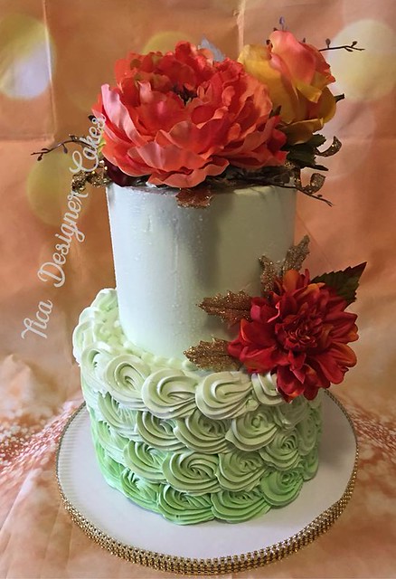 Mint Green with Flowers Birthday Cake by Ti Ca of Tica Designer Cakes