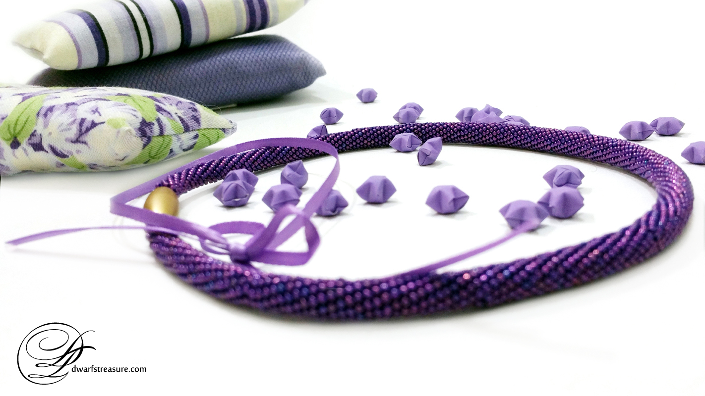 Luxurious purple beaded crochet collar necklace with paper stars