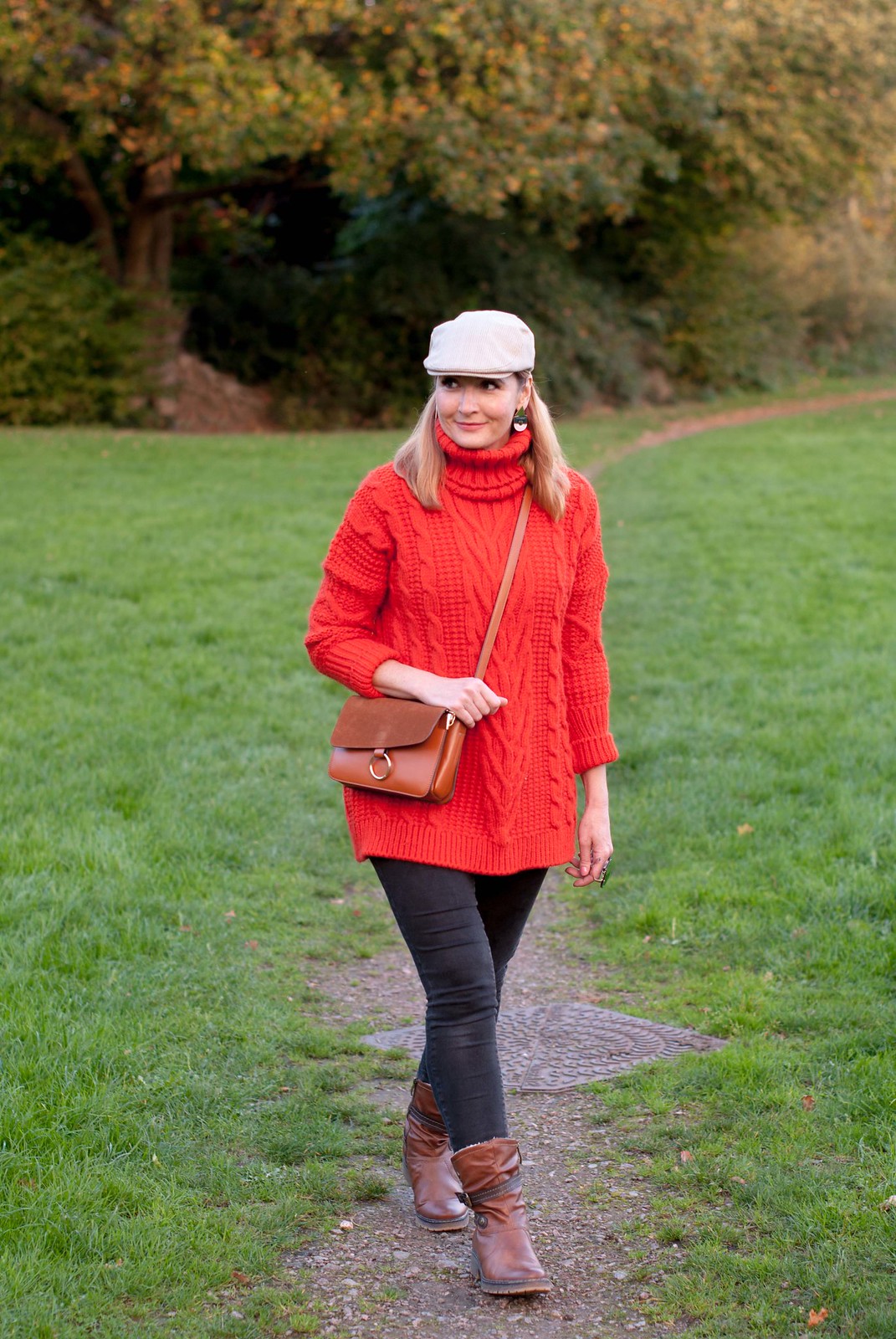Cozy, comfy autumn fall outfit for walking the dog long orange-red roll neck sweater skinny jeans brown ankle boots flat cap | Not Dressed As Lamb, over 40 style