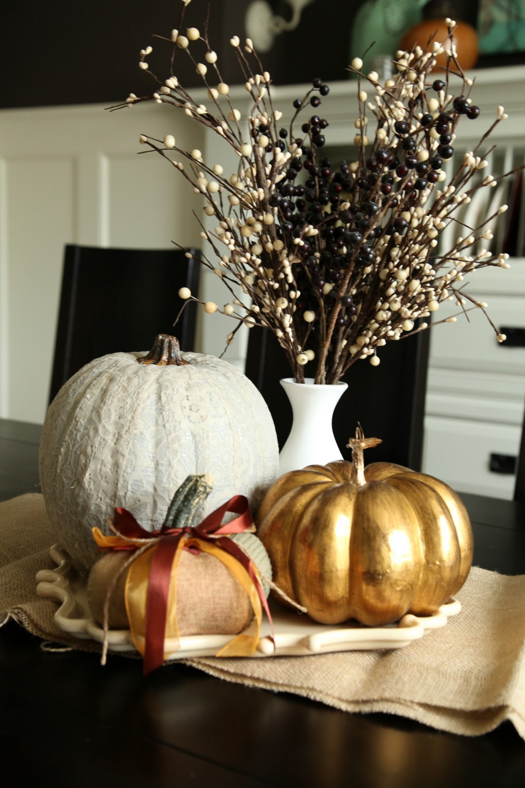 Fall Halloween Dining Room Table Centerpiece DIY Lace Pumpkin Gold Metallic Pumpkin Ribbon Pumpkin