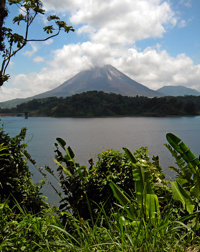 View of Arenal Volcano from the jungle trail of Hanging Bridges in Costa Rica