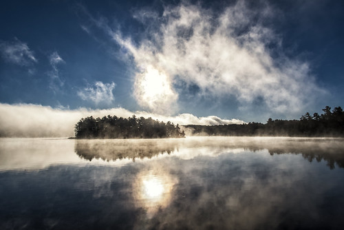 reflection fog mist morning sunrise dawn water lake calm clouds tree forest island north america canada ontario muskoka lakes cottage outdoor landscape nature relax