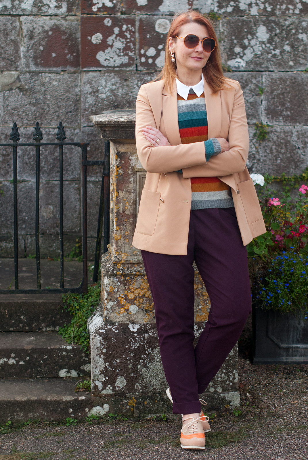 Preppy Style in the Autumn: Double breasted camel blazer \ striped Seasalt sweater \ white button down shirt \ aubergine peg trousers pants \ two tone brogues \ orange vintage sunglasses | Not Dressed As Lamb, Over 40 Style