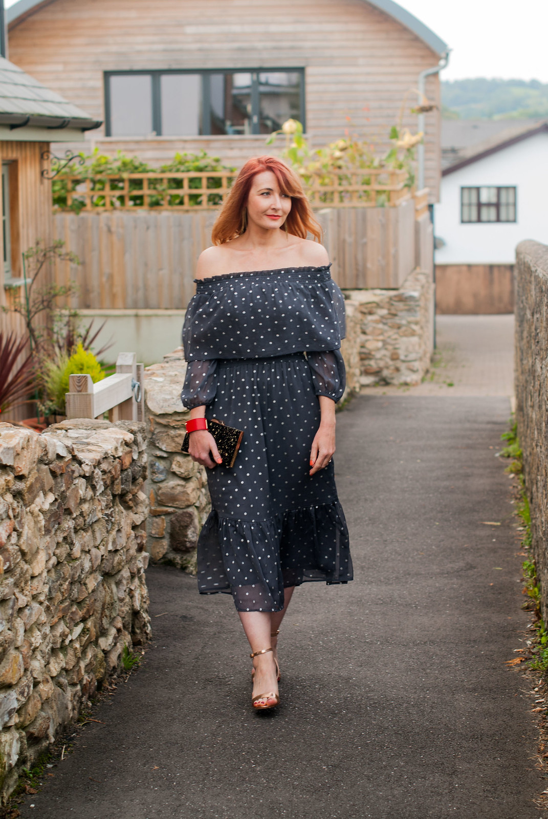 Christmas party dress: Grey off the shoulder ruffled midi dress with silver polka dots | Not Dressed As Lamb, over 40 style
