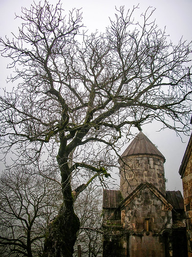 teghut tavushprovince armenia am 2006 architecture church dome fog haghartsin medieval nature roof shape tower tree village