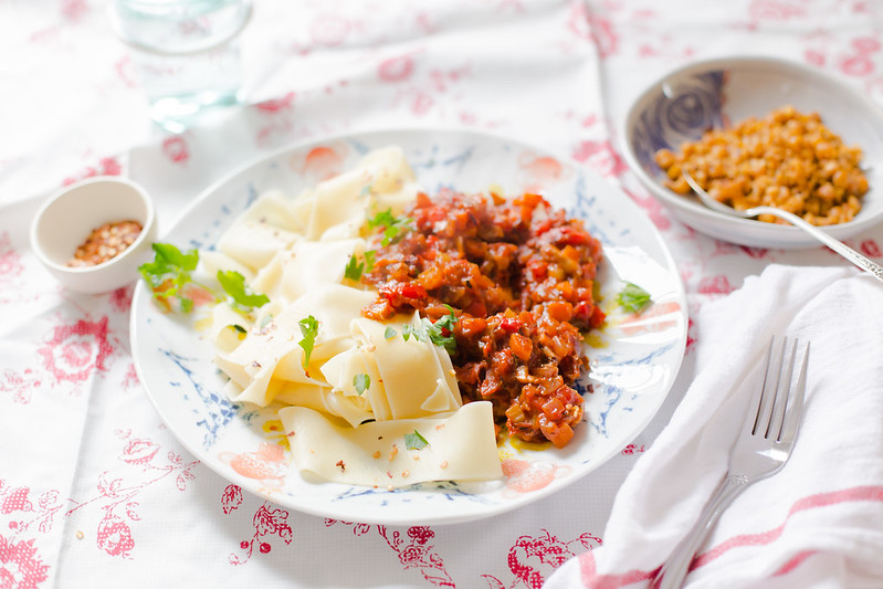 Mushroom Bolognese with Chickpea Crumble