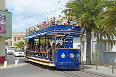 Tram, Oranjestad, Aruba: Blue car in Nieuwstraat on the eastern turning loop