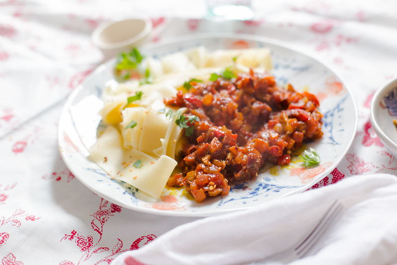 Mushroom Bolognese with Chickpea Crumble