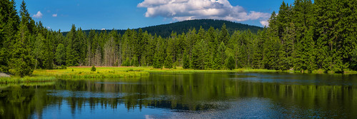 fichtelsee fichtelgebirge panorama landscape upper franconia germany reflections lake water clouds sky trees forest