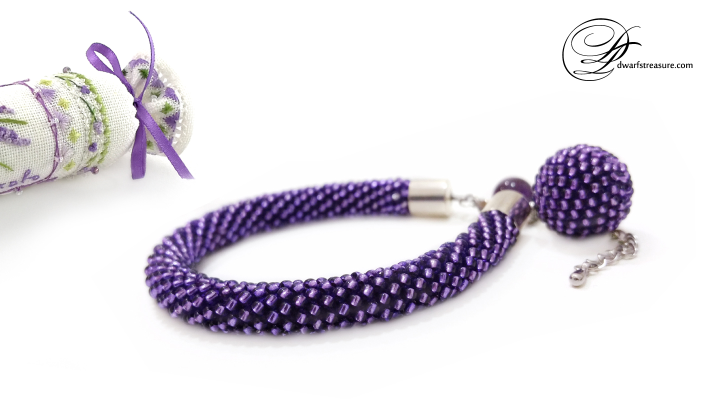 Fashionable violet beaded crochet custom made bracelet with beaded ball charm