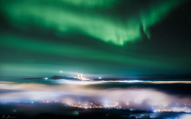 Lights over foggy town