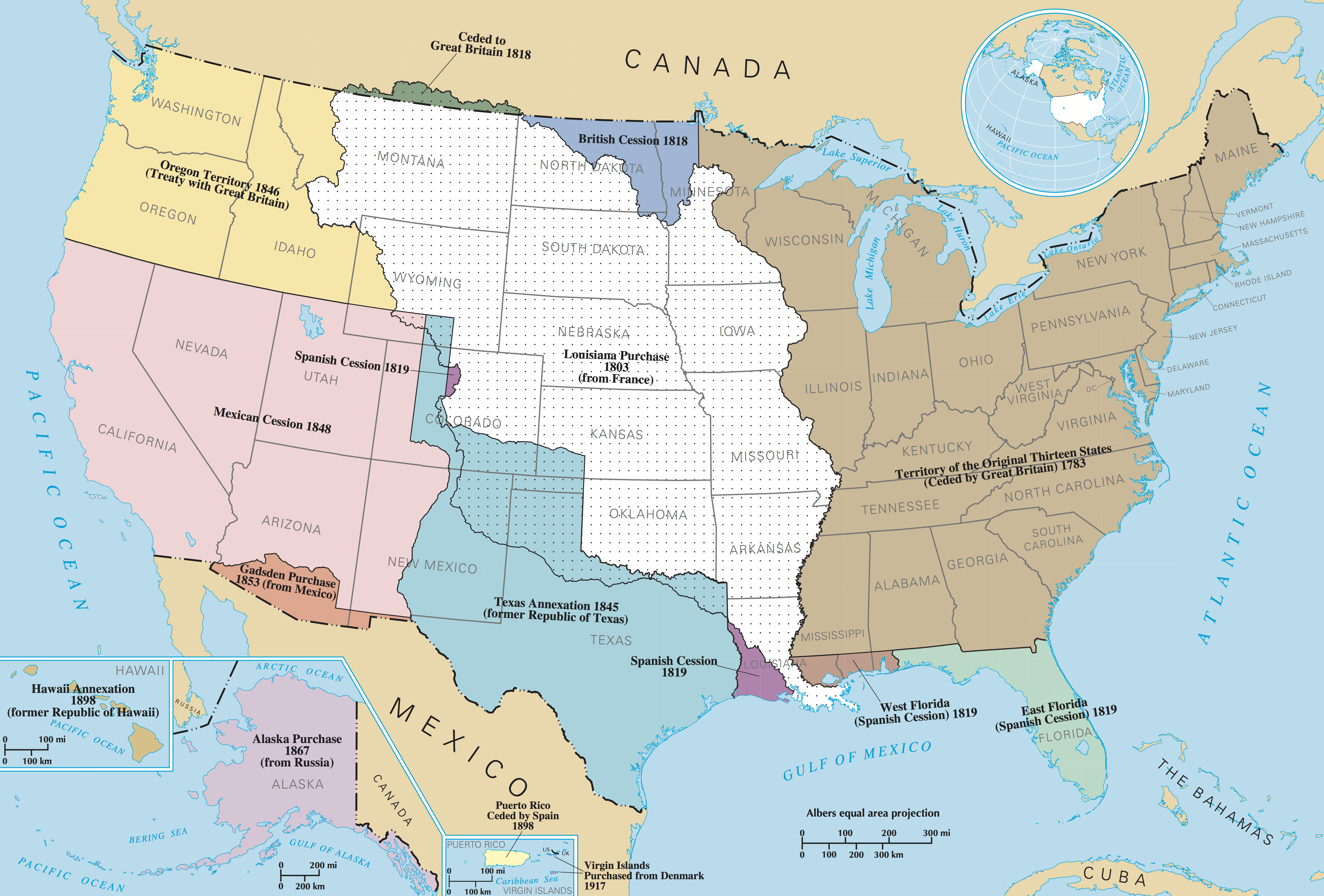 Territorial expansion of the United States with the Louisiana Purchase depicted in white.