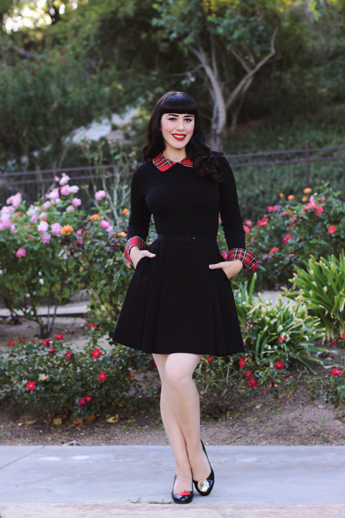 Smak Parlour Black Long Sleeve Fit And Flare Dress With Plaid Cuffs And Collar