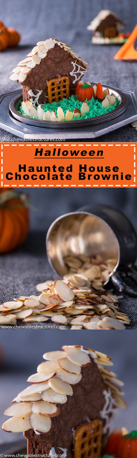 This Halloween Haunted House Chocolate Brownie With Shaved Almonds Will Scare Your Friends - Chewable Structures: Happy Halloween! It’s time to scare your loved ones with sweet treats, like this haunted house made of chocolate brownies, California almonds, frosting, and let’s not forget– candy corn. This fun and easy dessert recipe only takes a few minutes and will scare your friends with sweetness.