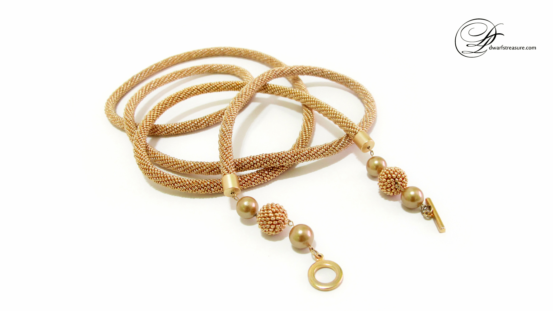 Elegant gold beaded crochet long necklace with beaded beads 