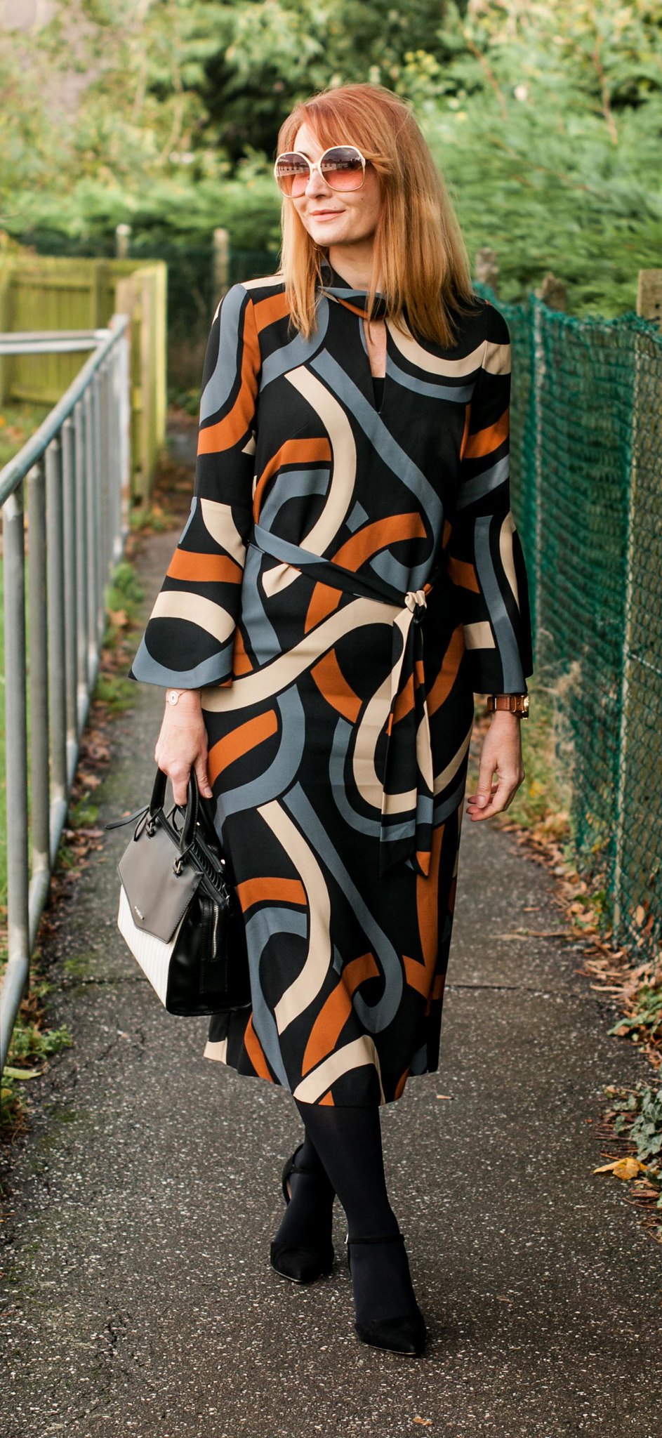 Elegant 70s style patterned midi dress in autumnal colours - bell sleeves, tie waist (Hobbs AW17) | Not DRessed As Lamb, over 40 style
