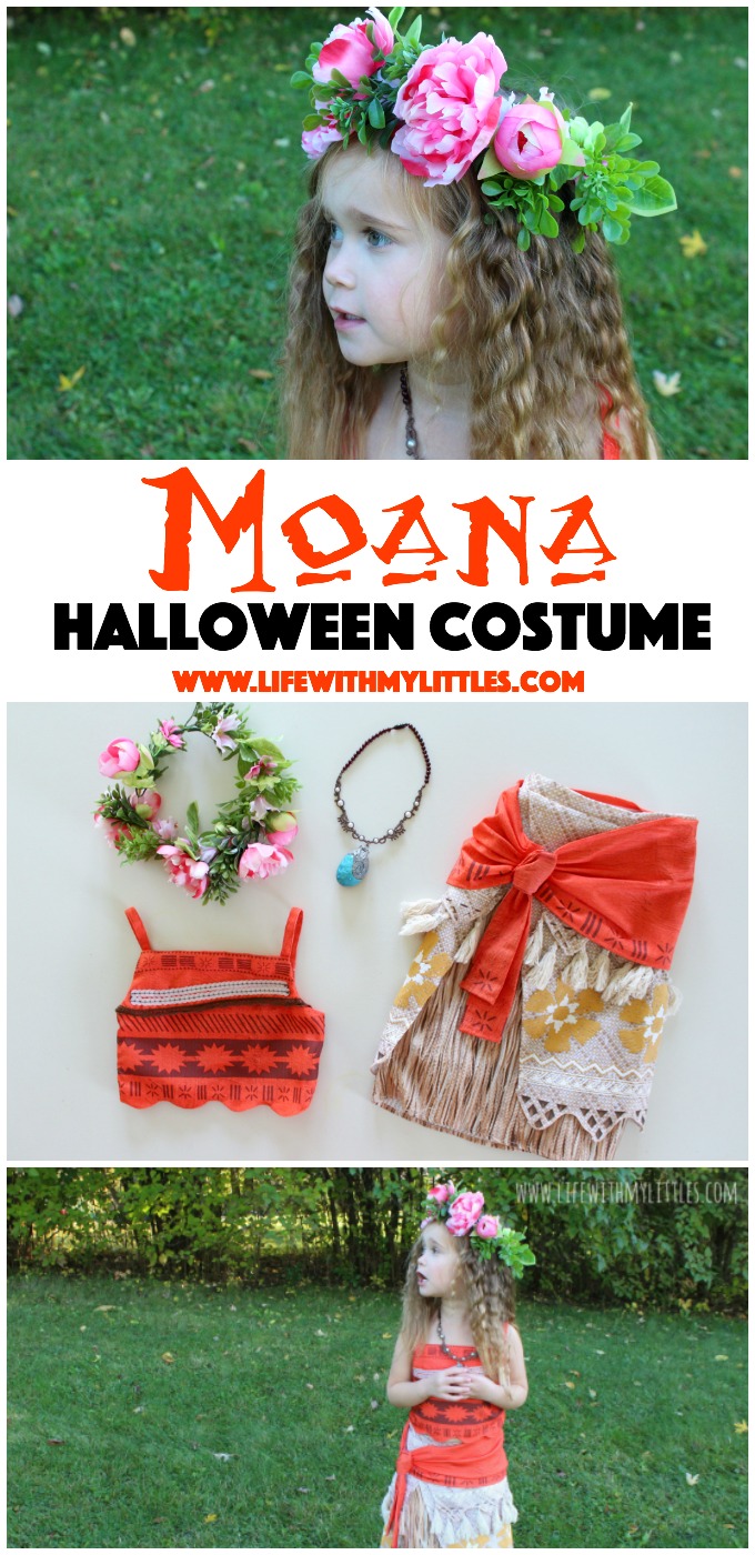 Love this Moana costume for a toddler girl! It’s so cute, and the DIY flower crown is the perfect touch!