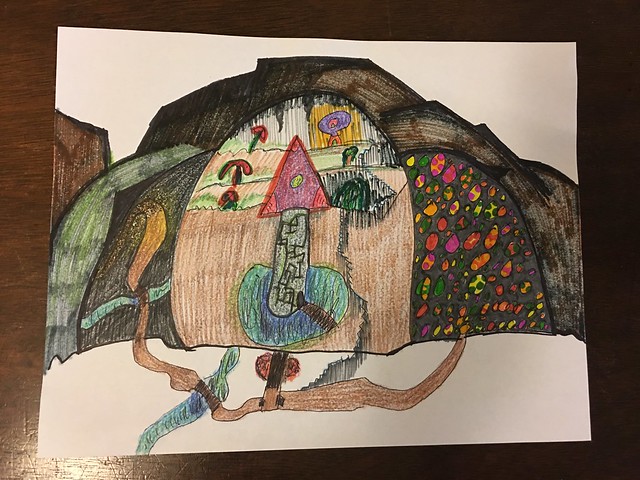 Mushroom People Cave by Connor and colored by Mommy