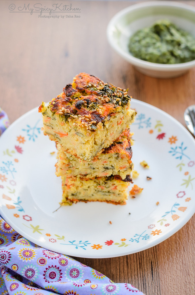 Stack of savory cake cubes.