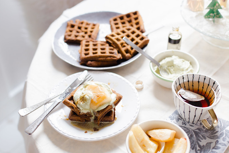 Gingerbread Waffles with Cinnamon Baked Pears