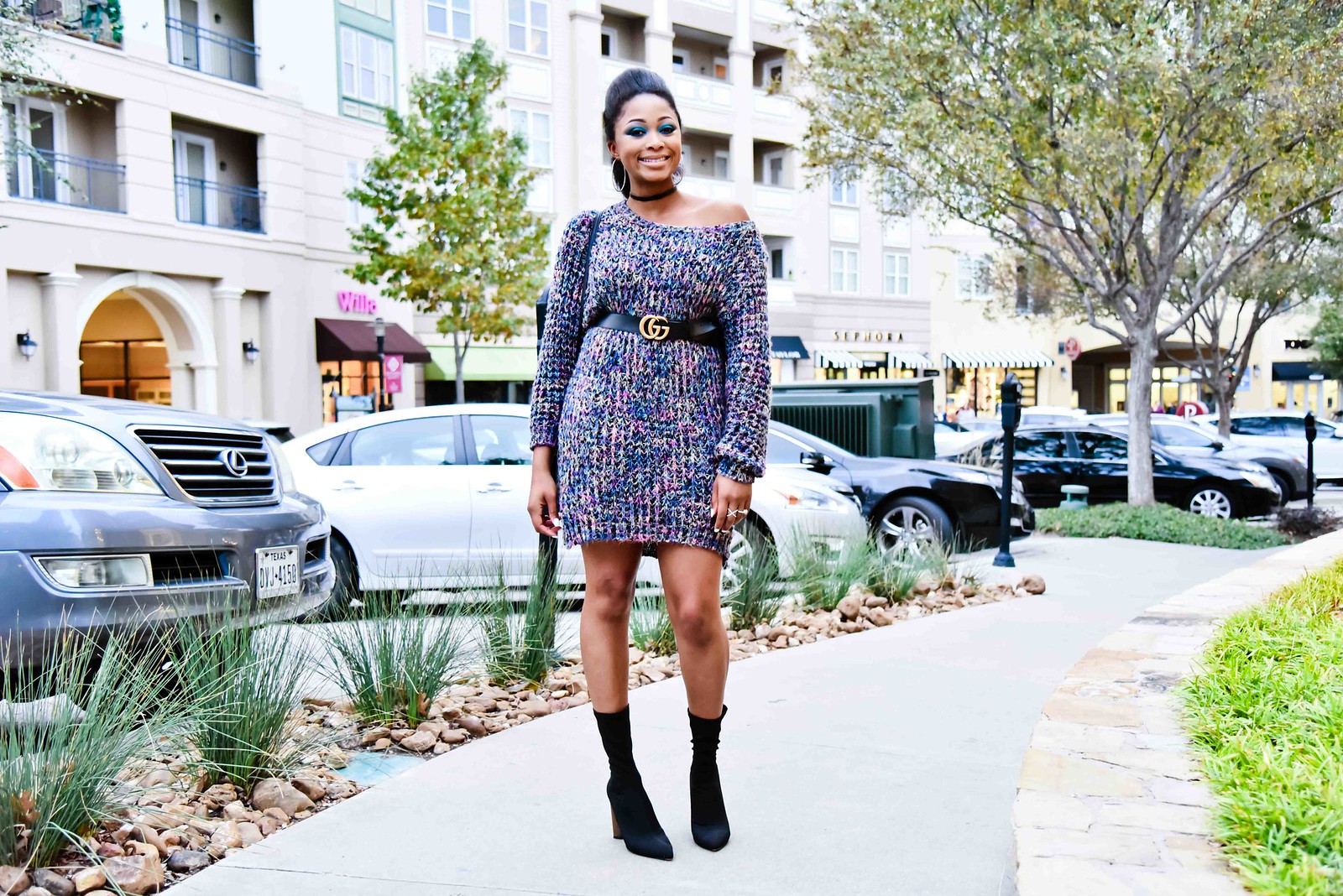how to wear sock boots with a sweater dress