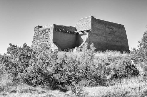 pecos national historic park new mexico glorieta pass west western southwest history old outdoor landscape church ruins circa 1620 bw black white photography monotone building architecture