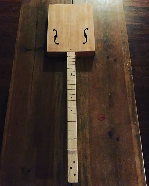 Cigar box guitar number two is coming along decently.