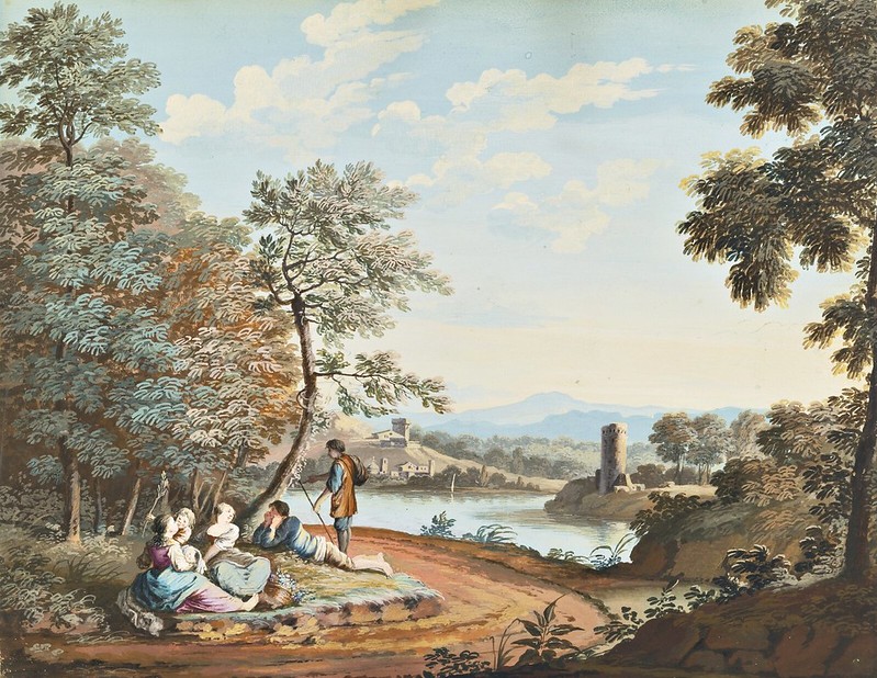 Giovanni Battista Busiri - A Landscape With Figures Resting By A River, A Tower To The Right And Buildings In The Background
