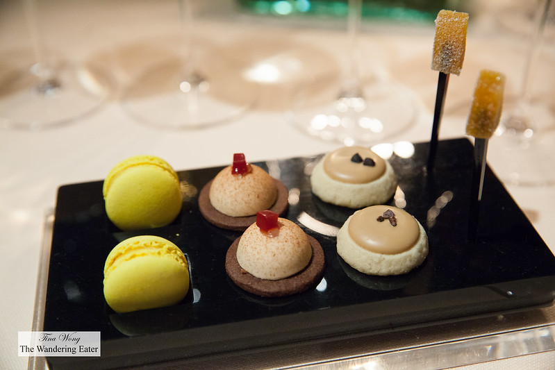 Pre-dessert - Passion fruit macaron, raspberry tart, coffee tart, passion fruit pâte de fruit