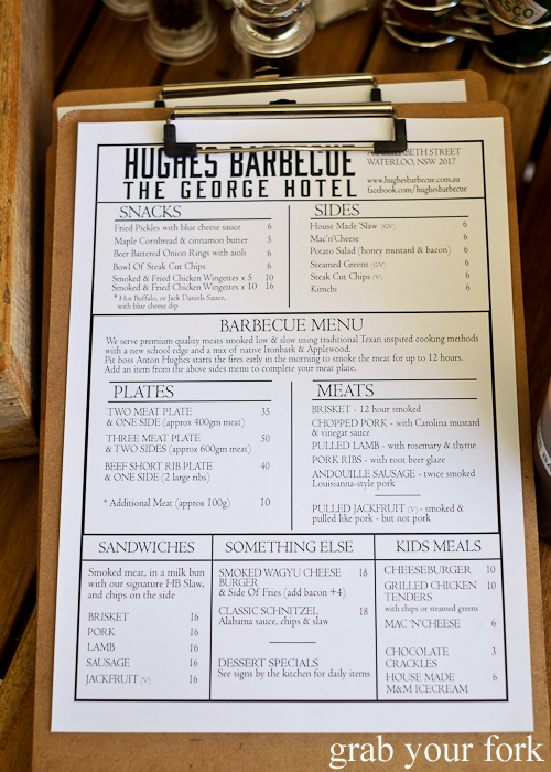 Hughes Barbecue menu at The George Hotel in Waterloo Sydney
