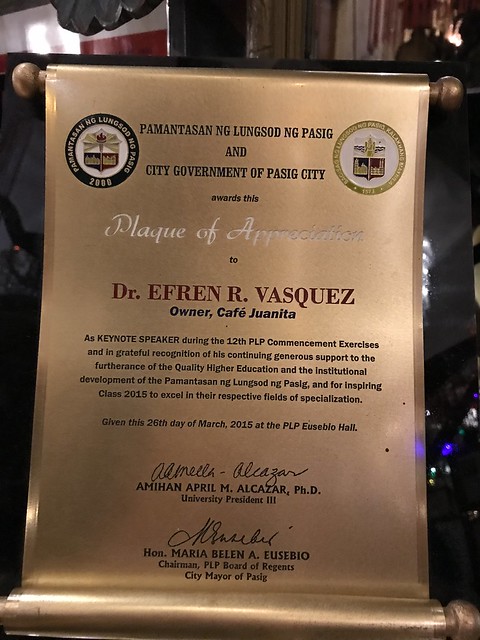Dr. Efren r. Vazquez, plaque of appreciation