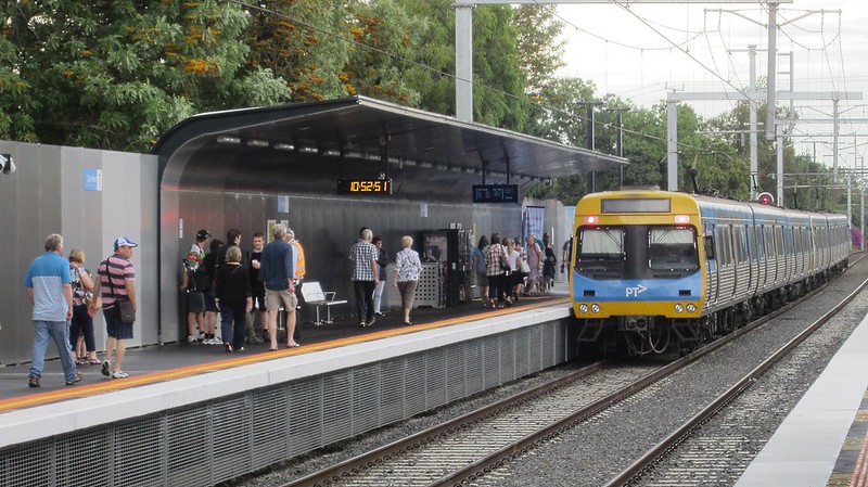A citybound train departs Southland Station