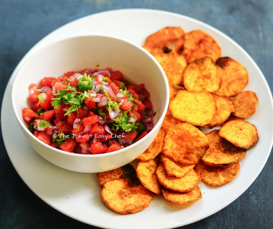 Baked Sweet Potato Chips with Watermelon Salsa