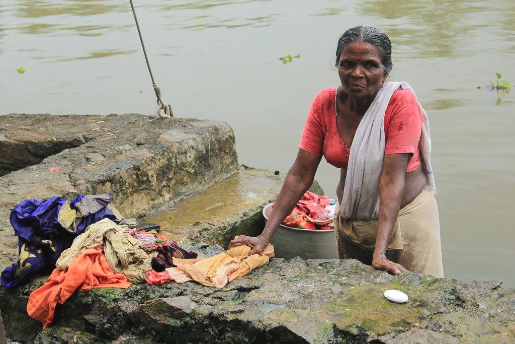Washing clothes, Kerala backwaters