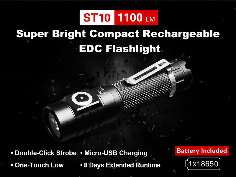 KLARUS ST10 1100 Lumen CREE LED Bright Compact EDC 18650 Rechargeable Flashlight 