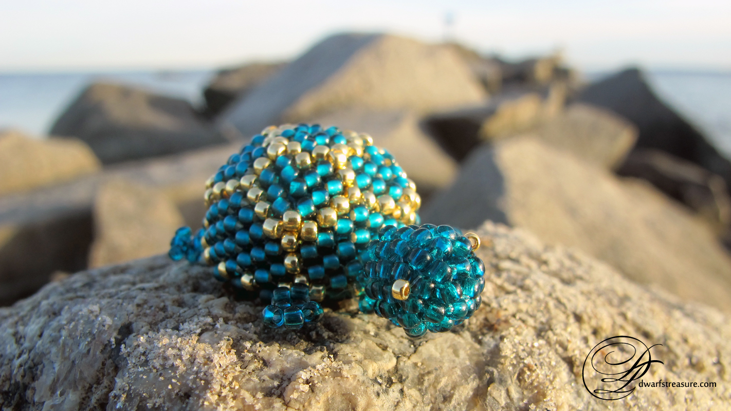 Adorable beaded teal turtle brooch pin