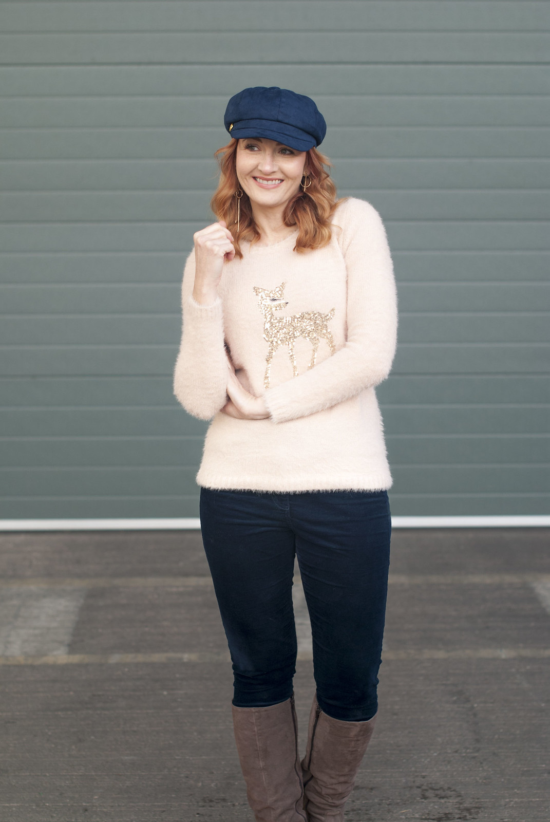 AW17 Casual Christmas party outfit: Fluffy pink sequinned reindeer sweater, navy velvet trousers, knee high boots and navy baker boy hat | Not Dressed As Lamb, over 40 style
