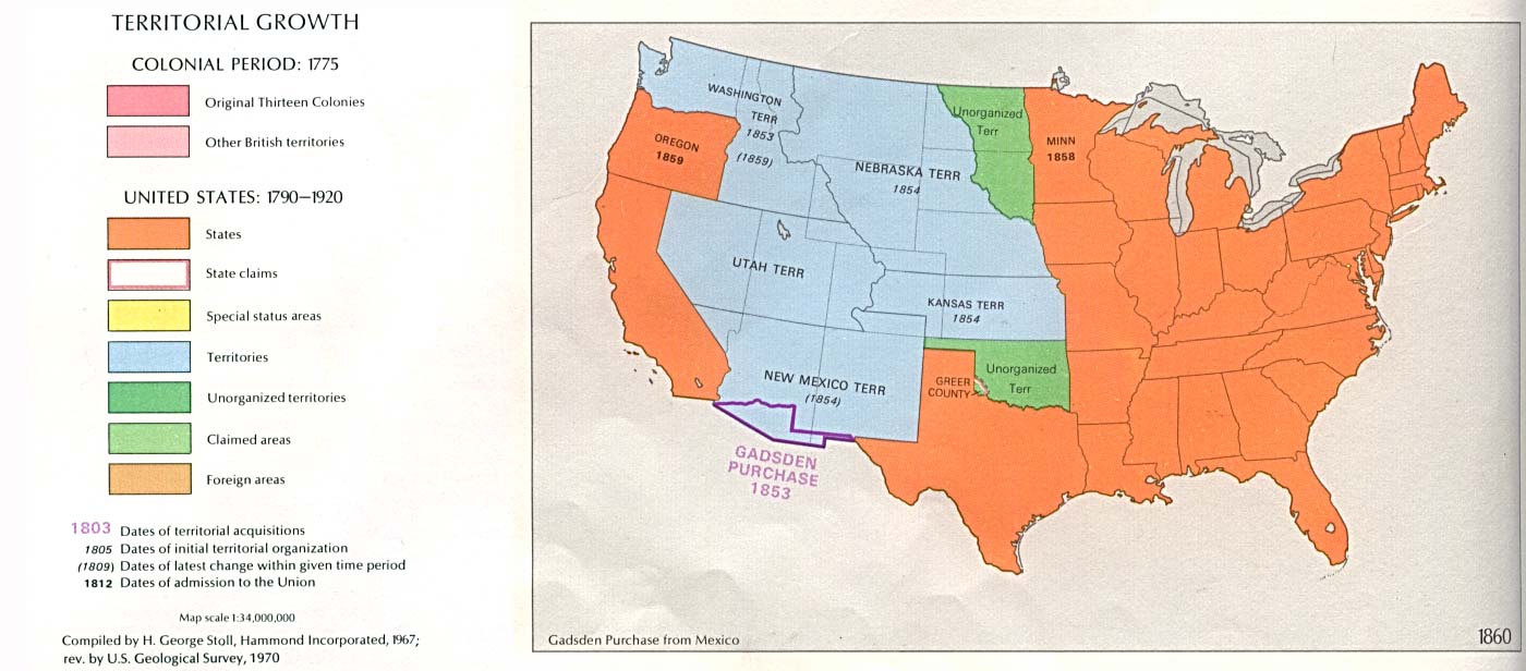 The United States, immediately before the Civil War. All of the lands east of, or bordering, the Mississippi River were organized as states in the Union, but the West was still largely unsettled.