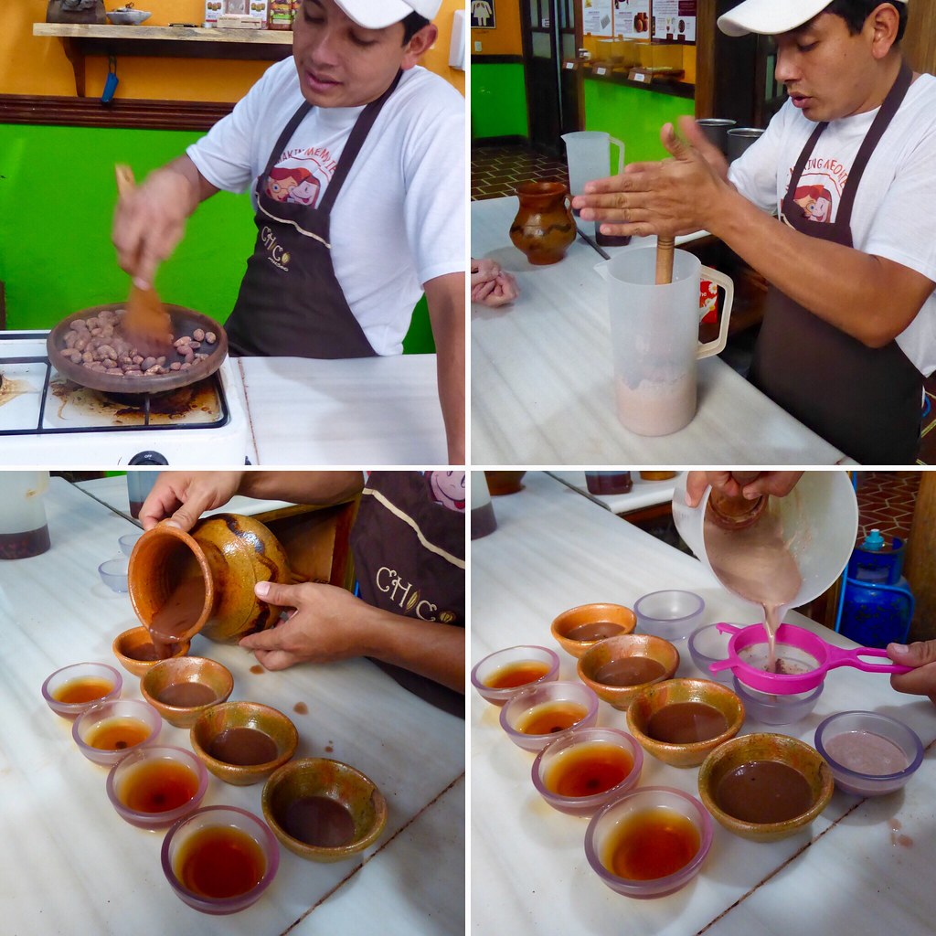 Workshop sul cacao, Antigua Guatemala. Preparazione di bevande a base di cacao: tostatura dei chicchi come ai tempi dei Maya e assaggio di infuso fatto con le bucce, bevanda di cacao in stile Maya e in stile spagnolo.