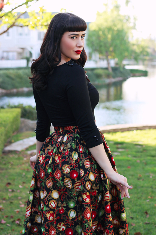 Retrolicious Madison Skirt in Ornaments Print Voodoo Vixen Celine Top in Black