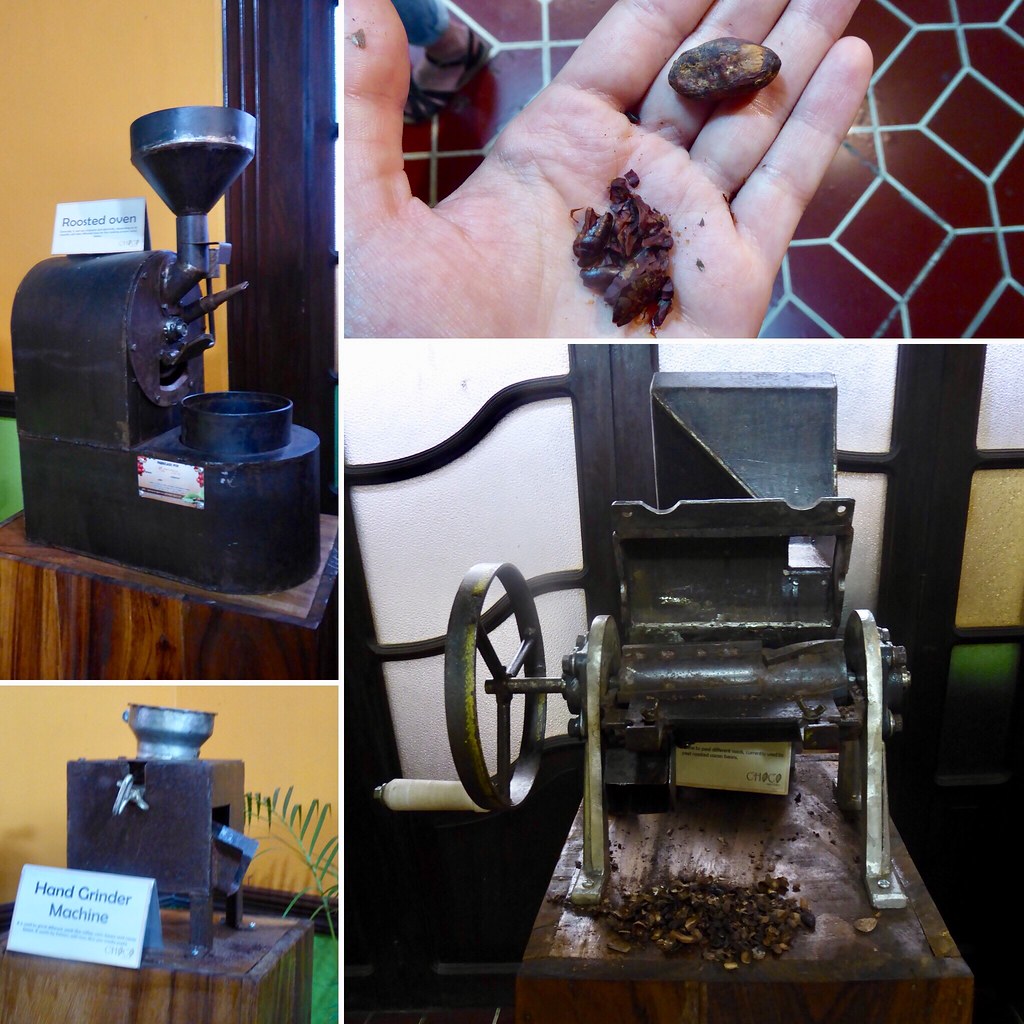 Workshop sul cacao, Antigua Guatemala. Strumenti per la lavorazione del chicco di cacao dopo essere stato fermentato, seccato e tostato.