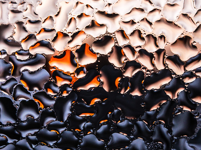 Drops of water condensed on a window at sunrise.