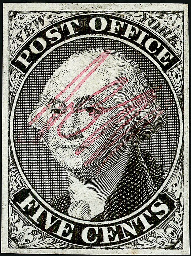 New York Postmaster's Provisional listed as United States Scott #9X1, released in 1845. Image from Wikipedia (not my stamp!)